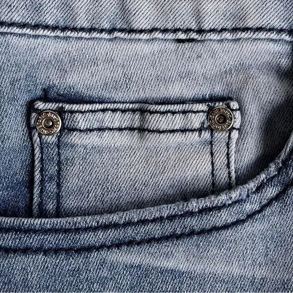 Blue Topic Rhinestone Studded Patch Distressed Denim Jeans Y2K Style - Size 9/10 - Picture 9 of 16